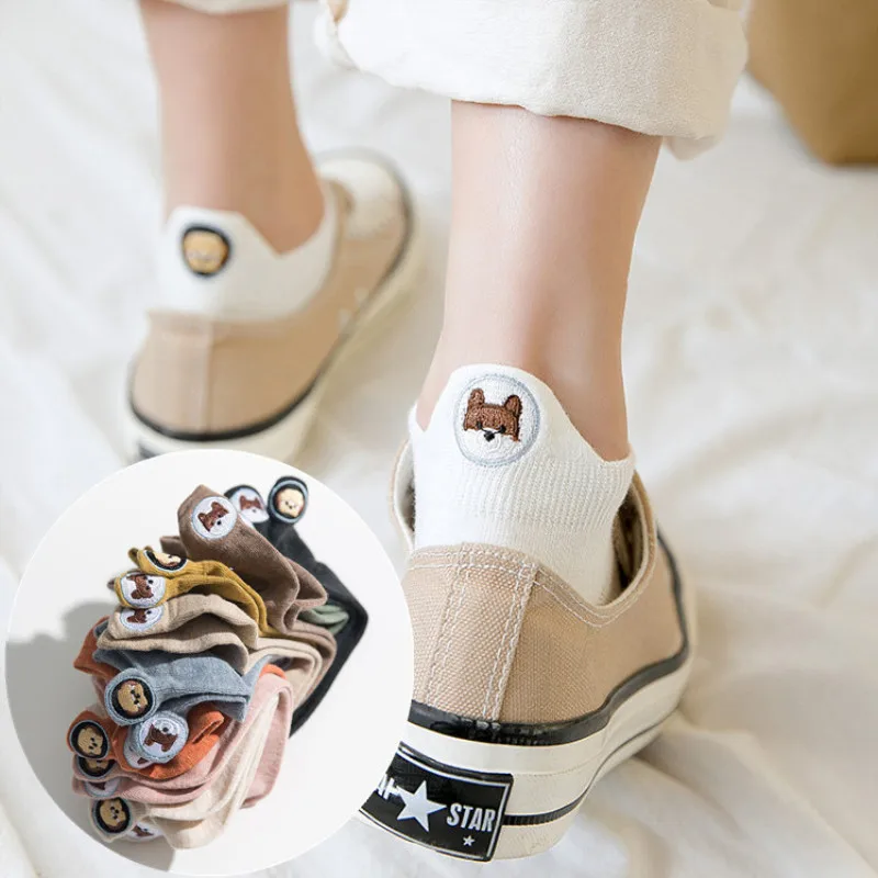 

Happy Women Funny Socks Kawaii Embroidered Cartoon Dog Pattern Combed Cotton Protective Ankle Summer Cute Socks Candy Color