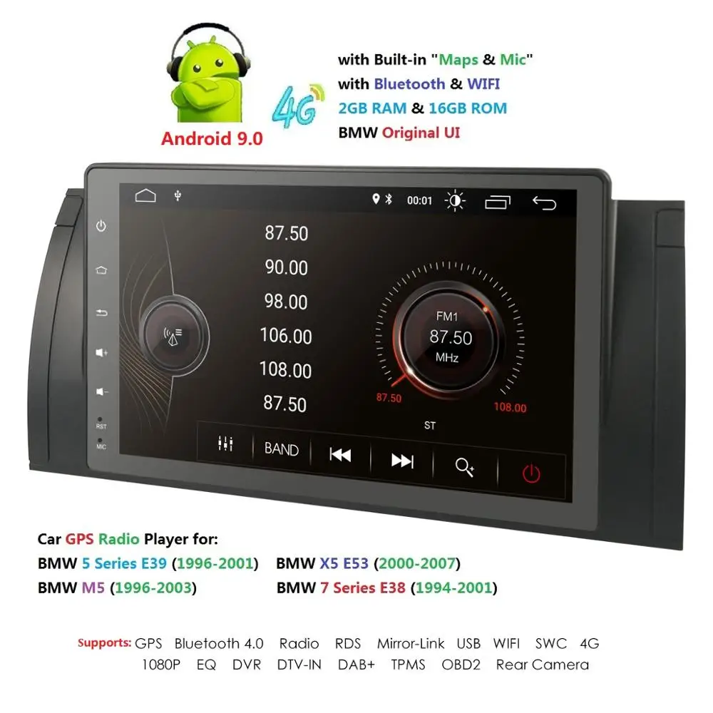 Android 9,0 навигация автомобиля без DVD gps Мультимедиа для BMW E39 X5 E53 M5 E38 BT/RDS/Радио/Canbus TPMS DVR SWC DAB+ 4G USB DTV OBD2