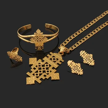 

JH New Ethiopia Big Cross Jewelry Sets For Women Afican Wedding Dubai Gold Fashion Bridal Engagement Gift Accessories Rings Set