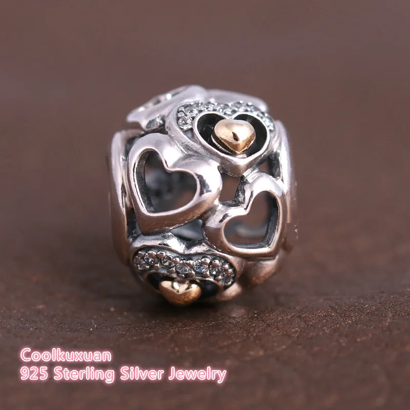 

2019 Mothers Day Gift Original 925 Sterling Silver Gold color Heart of Romance Clear CZ openwork charm Fits Brand bracelets