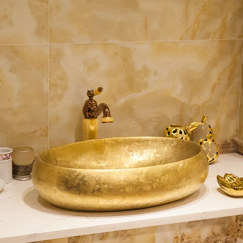 Золотой/Серебряный Овальный Китайский умывальник, раковина ванная комната раковины столешницы Керамика умывальник ванной комнате раковина