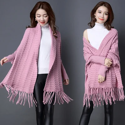 

New 2019 Autumn Women Shawls Female Fashion Loose cardigan Poncho Female Winter Long Sleeve Knitted shawl jackets