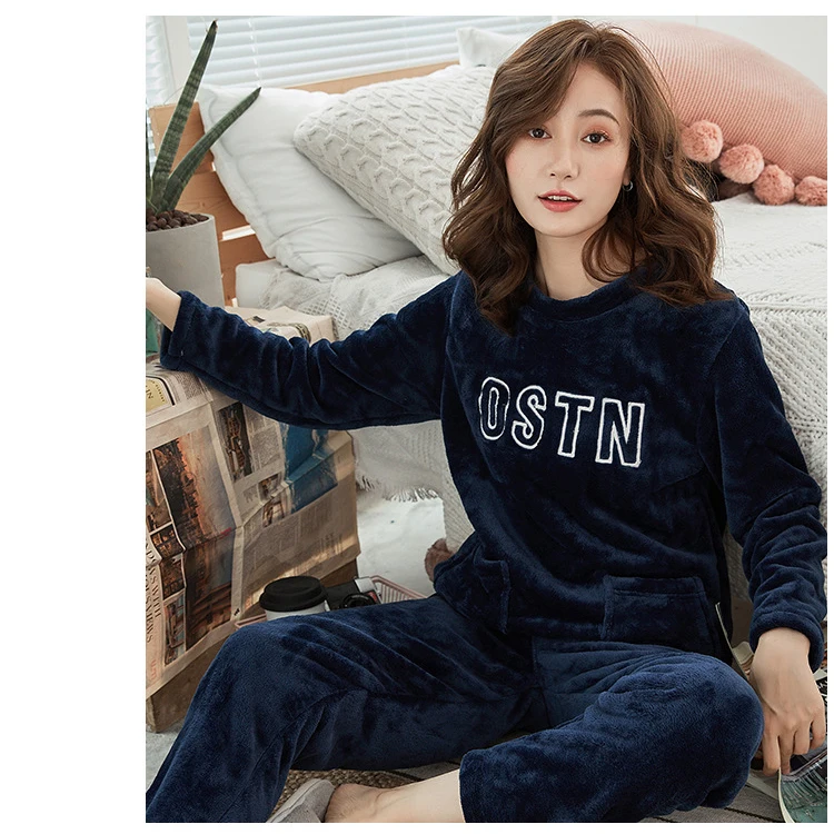 Women Sleepwear Pyjama Suit Embroidery Thick Warm Cute Sleep Pajamas Set Girls Coral Fleece Pajamas for Women Flannel Homewear