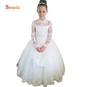 

Ivory Tulle Ball Gown Flower Girls Dresses Sheer Long Sleeve Appliques First Communion Dresses Back Bow vestido flores D269