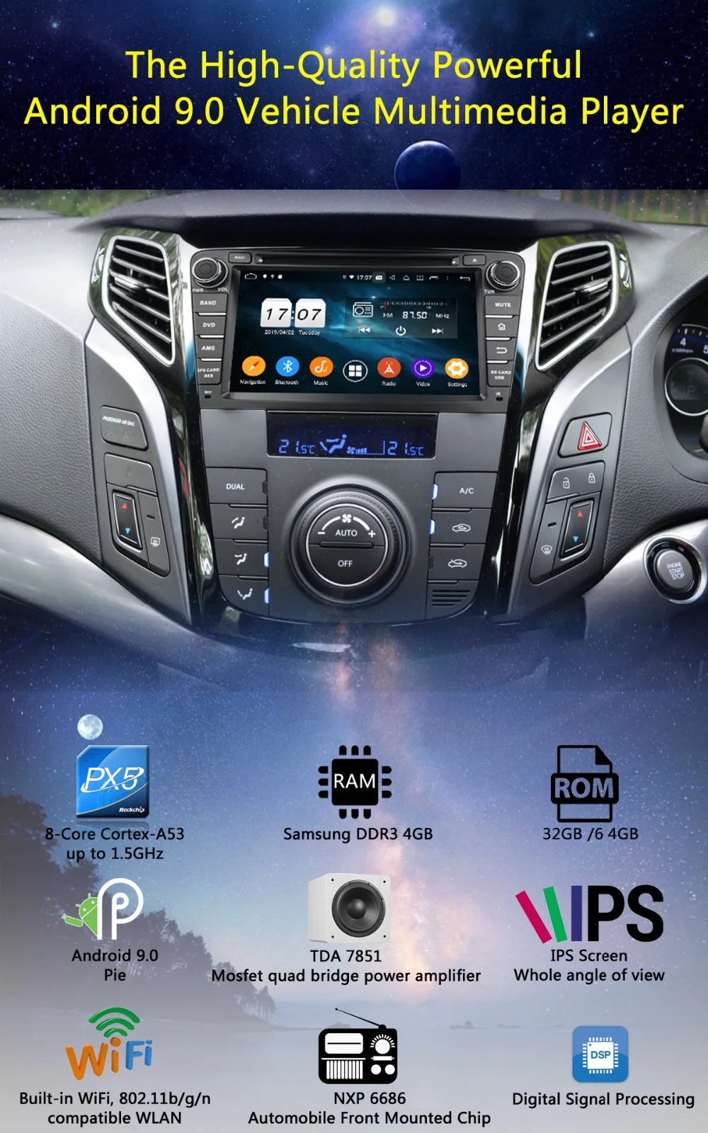 7"IPS 1024*600 Octa Core 4GB RAM+64GB ROM Android 9.0 Car DVD Player For Hyundai I40 2011 2012 2013 DSP Radio