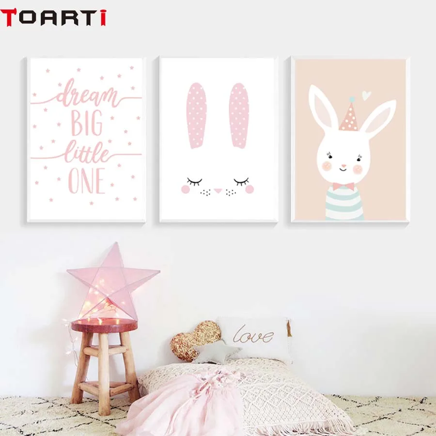 

Pink Cute Baby Animals Rabbit Canvas Art Print Painting Poster Wall Pictures Nordic Style Modern Children's Room Painting Decor