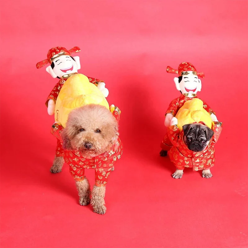 Одежда для собак в китайском стиле костюм бог богатства держит маленькую золотую монету тема Косплей Костюм Забавные товары для домашних