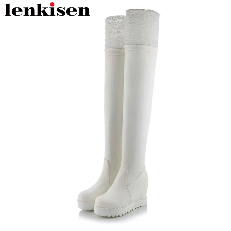 

Lenkisen large size high quality slip on round toe super high bottom pu wedges heels superstars women over-the-knee boots L03