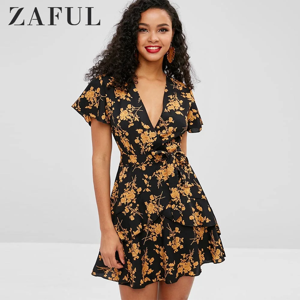 Женское платье с поясом ZAFUL винтажное мини-платье коротким рукавом и цветочным
