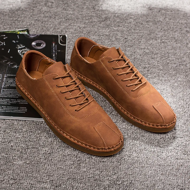 

Handmade PU Leather Loafers Brown Gray Moccasins Lace Up New 2019 Spring Summer Men's Flats Men Casual Shoes Round Toe Oxfords