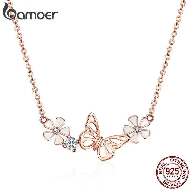 

BAMOER Butterfly and Flower Necklace 925 Sterling Silver Enamel Floral Short Choker Necklace Silver Korean Jewelry BSN053