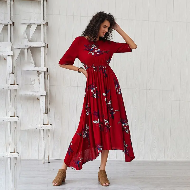 

Romantic Fashion Floral Long Dress Women Summer Boho Sweet Printed High Waist Holiday Ladies Pleated Swing Chic Red Maxi Dresses
