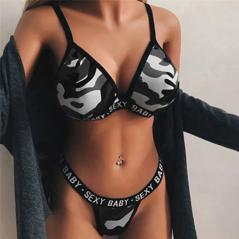 

Women Camouflage Print Lingerie Set Letter Printed Bra Briefs Set Bralette Thong Two Piece Set Sleepwear Sports Underwear #35B
