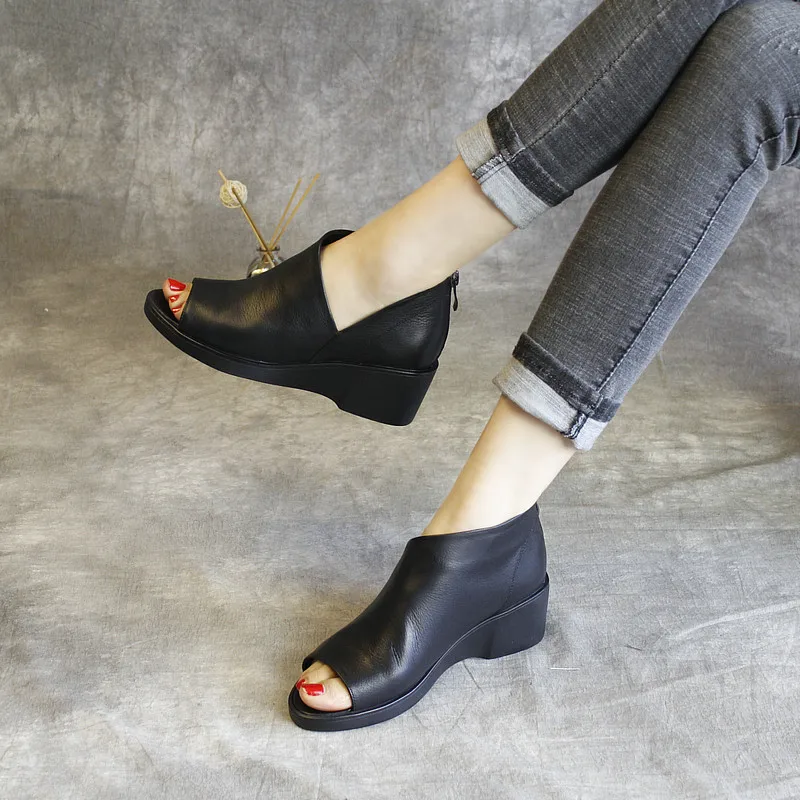 

Women Leather Boots Sandals 6 CM High Heels Black Ankle Boots Peep Toe Summer Shoes Lady Genuine Leather Lazy Shoes Wedge Boot
