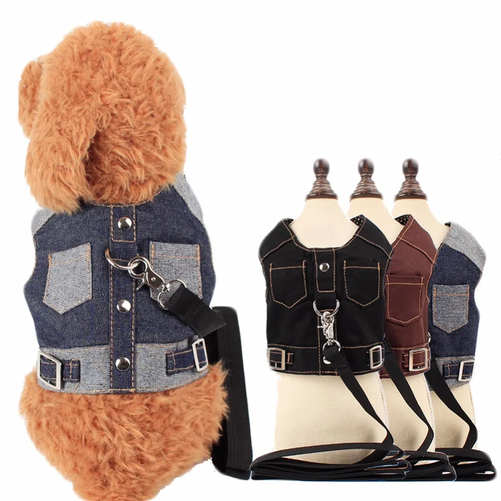 Denim Dog Harness Vest And Leash Fashion Puppy Pet Jacket Jean Solid Clothes With 4 colors For