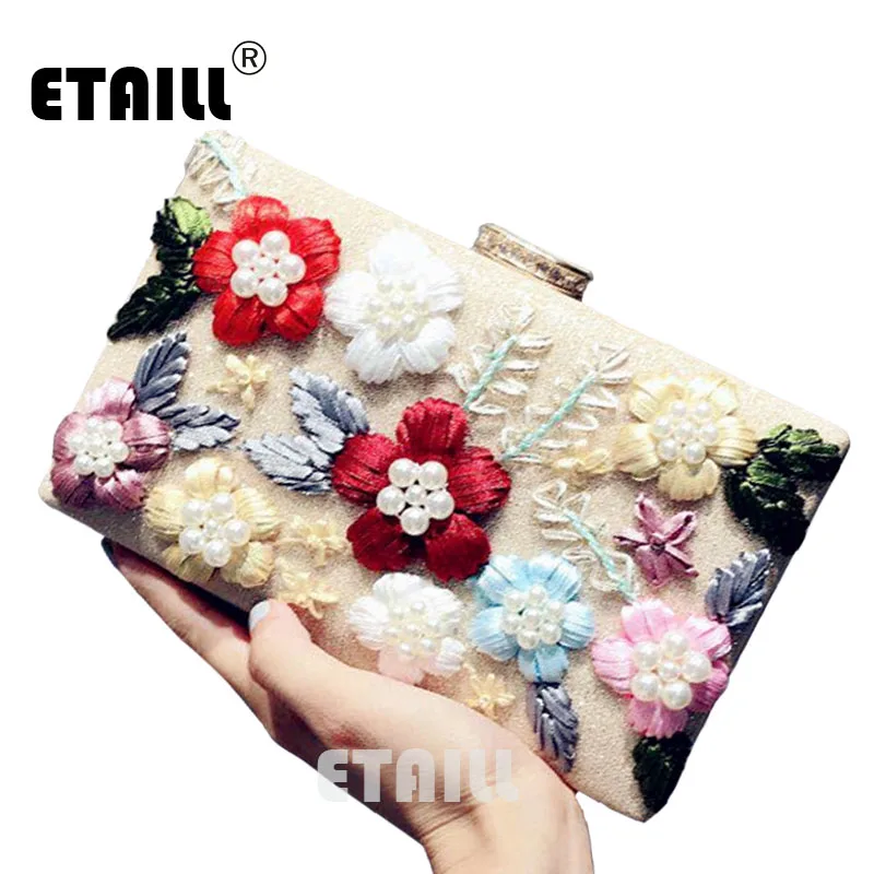 

ETAILL Silver Gold Embroidered Flowers Evening Clutch Bags With Chain Shoulder Bag Women's Wallets Evening Bag for Wedding Party