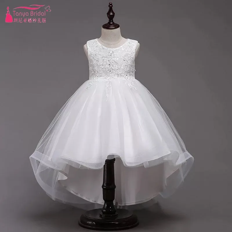 Платья для девочек с короткими спереди и длинными сзади, с цветочным принтом кружевное фатиновое бальное платье, детское платье для свадьбы, вечерние платья для девочек DQG435 - Цвет: Белый