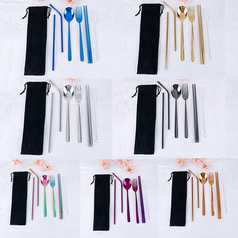 

Tofok Stainless Steel Dinnerware Set Spoon Fork Chopsticks Straw With Cloth Pack Cutlery For Travel Outdoor Office Picnic BBQ