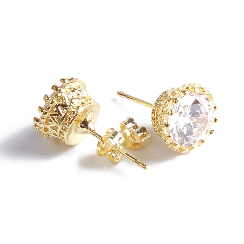Hot Sale Gold Color Earrings Stud Women Men Jewelry Crown Zircon Crystal Inlayed Double Stud ...