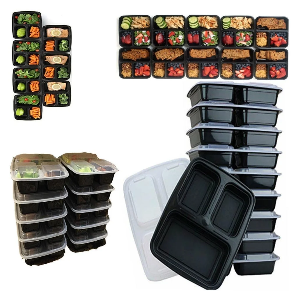 

10Pcs Meal Prep Containers Plastic Food Storage Reusable Microwavable 3 Compartment Food Container with Lid Microwavable