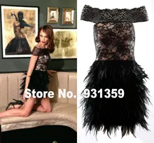 Hohe Qualität Black Lace Schulterfrei Mini Kurze Maß Party Kleid Vestido De Festa Design CD91896 Kurze Feder Kleid
