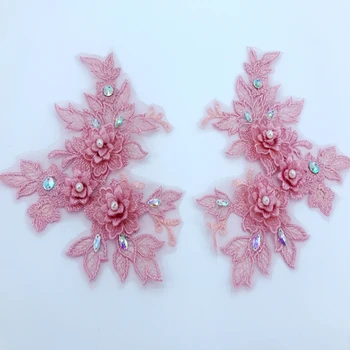 

handmade pink flower Hot drilling Rhinestone lace embroidery patch applique wedding dress bordados DIY Performance clothing