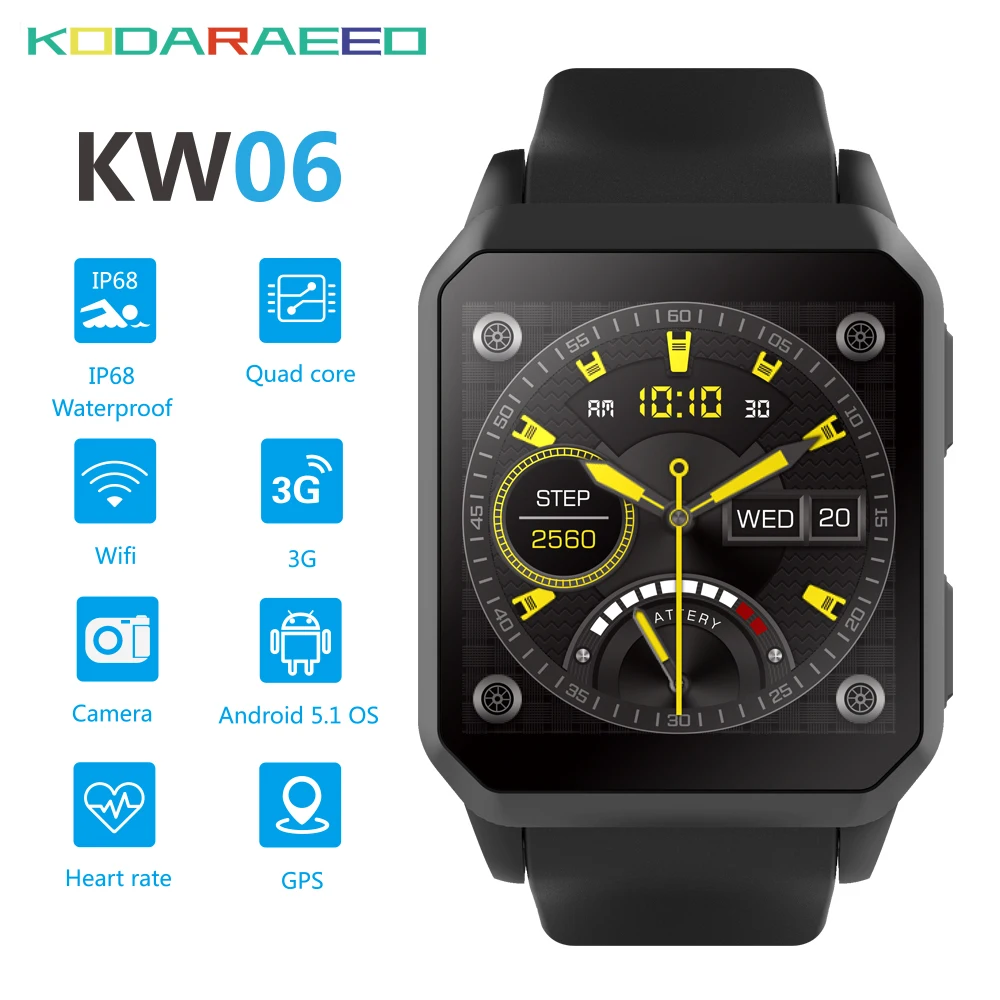 

KW06 Smart Watch men Android 5.1 Wristwatch Phone MTK6580 512MB+8GB Heart Rate Monitor Bluetooth Smartwatch for Android iOS