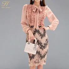 H Хан queen комплекты из 2-х вещей для Для женщин 2018 осенние Ruched Драпированное Платье рубашка с лентами Топ и принт с кружевами, облегающее, обле...(China)