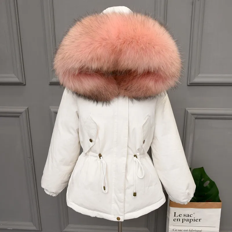 Plus size Natural Fur White Duck Down Winter Coat women's jacket with hood Thicken Warm women's down Parka chaqueta mujer YRE05 - Цвет: white Pink