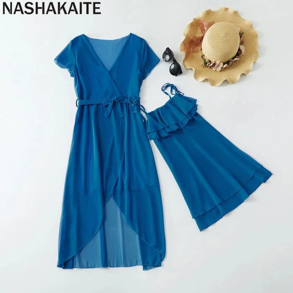 

NASHAKAITE Mom and daughter dress Chiffon Solid Belt Irregular Dress Family Matching Clothes Fashion Mother Daughter Dresses
