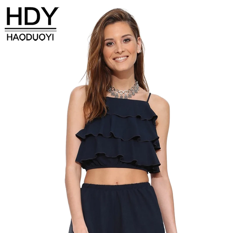 

HDY Haoduoyi Sweet Layered Ruffle Top Chiffon Blouse Sleeveless Vest Tank Top Women Crop Shirts Navy Blue Blouses Female Tee