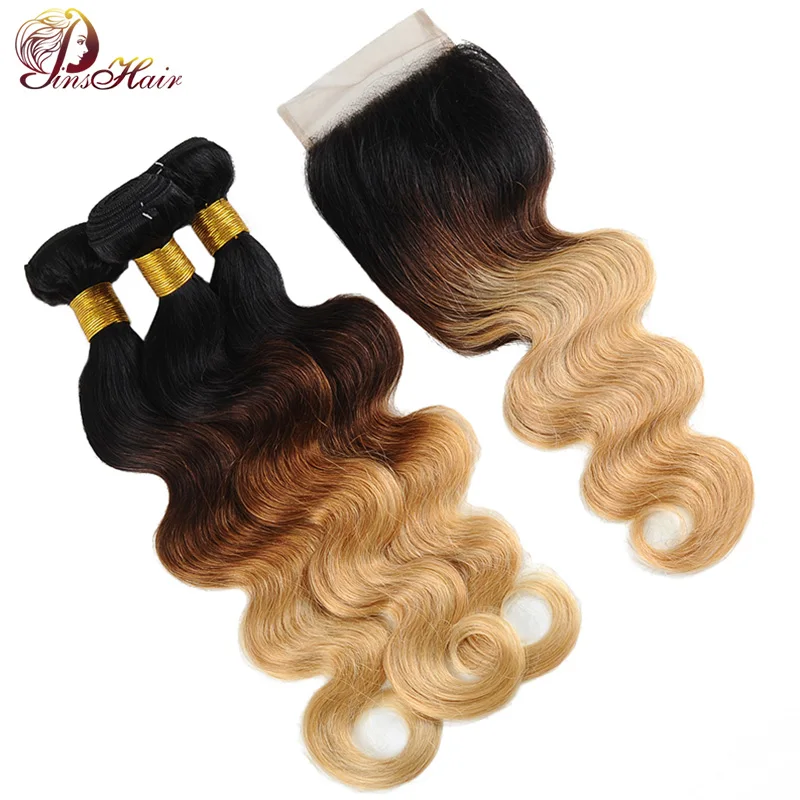 

Pinshair T1B/4/27 Colored 3 Indian Hair Body Wave Bundles With Closure Human Hair Extensions Non Remy Hair Bundles Wet And Wavy