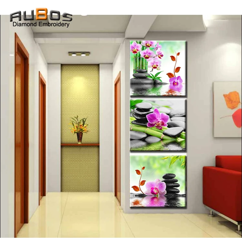 RUBOS DIY 5D diamond embroidery Flowers purple orchid triptych diamond painting cross wall modular picture 3D Pattern rhinestone (2)