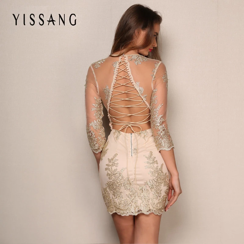 Yissang Verão Mini Vestido Das Mulheres Elegante decote em v profundo backless lace up Vestidos de Festa oco out Vestido de Verão Vestidos dropshipping