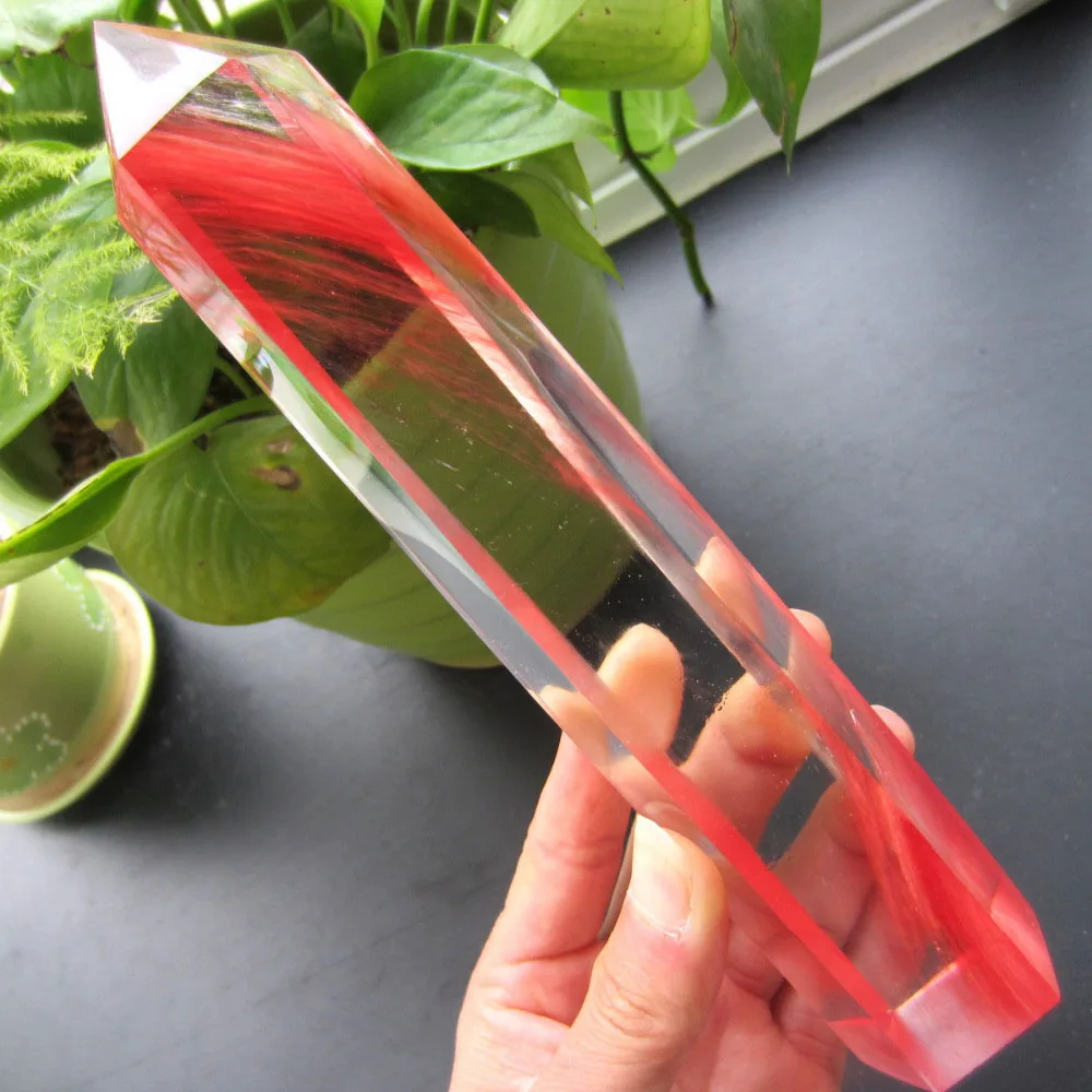 

huij 00496 PRETTY RED CLEAR SMELT QUARTZ CRYSTAL WAND POINT HEALING Bronze Statue