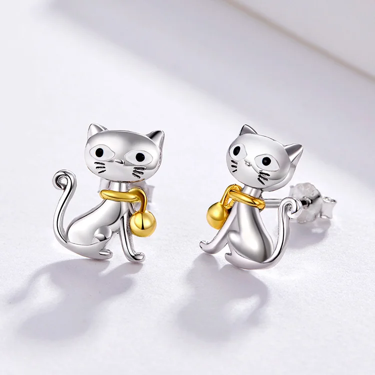 Серьги BISAER Meow, 925 пробы, серебряные серьги с милым котенком, серьги с колокольчиком, кошачьим Мяу, ювелирные изделия, аксессуары для животных, подарки GAE112