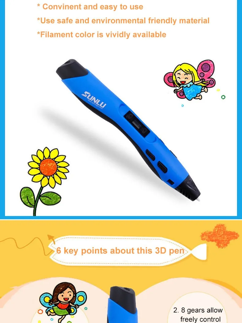 RU-SUNLU SL-300 детская игрушка-каракули 3D Ручка дополнительно с 22 мешками 5 м PLA нити и ЖК-контроль температуры. Безопасно для использования детьми