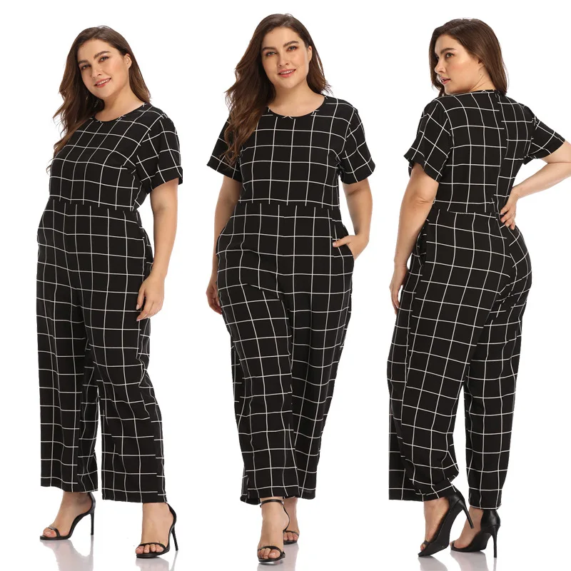 

WHZHM Summer Plus Size 3XL 4XL Plaid Jumpsuits Women Pockets Printed Loose Pants O-Neck High Waist Printed Jumpsuits Ladies