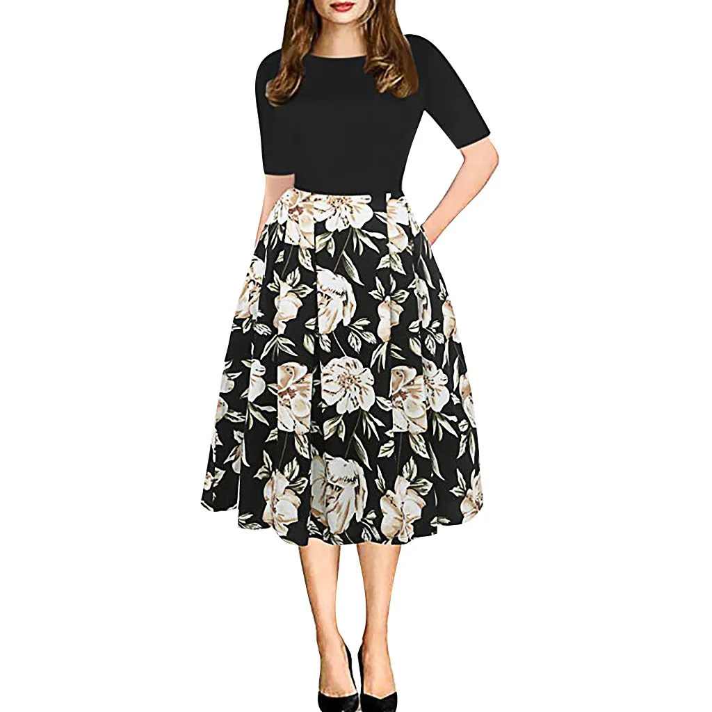 

2019 Summer Dress Women Elegant Vintage Patchwork Pockets Puffy Swing Print Evening Party Dress Ladies Empire Robe Vestidos