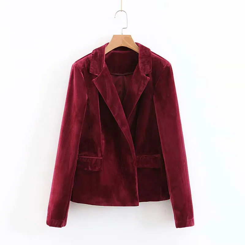 Women Burgundy Elegant Velvet Blazer Long Sleeve Pockets