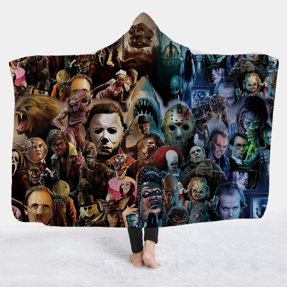 

Horror Movie Character Hooded Blanket for Adult Gothic Halloween Killers Sherpa Fleece Wearable Throw Blanket Microfiber Bedding