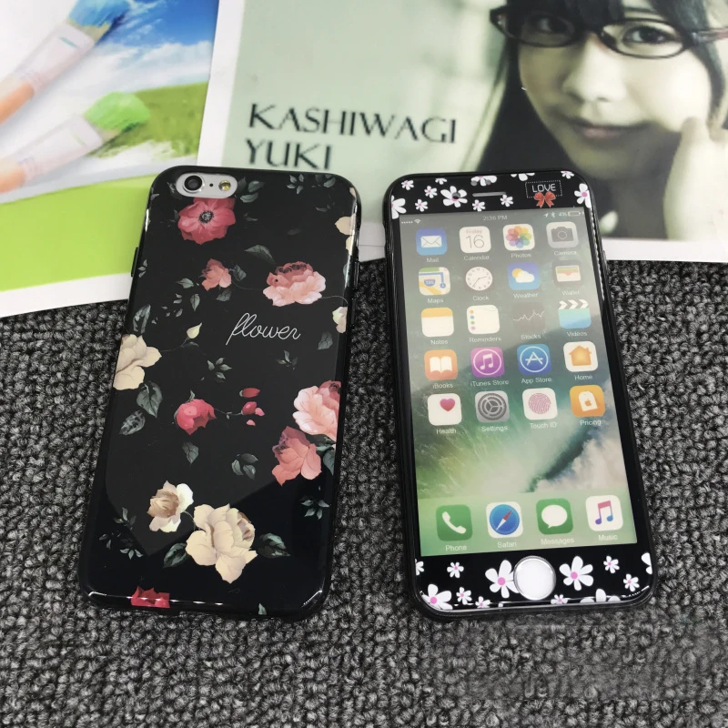 

Screen Protector + case For iPhone 8 /8 plus 7 /7Plus black flowers rose Tempered Glass for iPhone 6s/ 6 Plus soft cover case