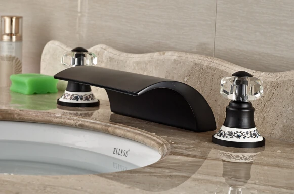 

Luxury Oil Rubbed Bronze Waterfall Basin Faucet Dual Round Handle Sink Mixer Deck Mount White And Blue Base