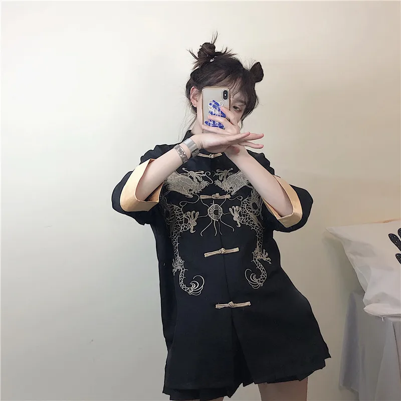 Vintage Women Blouse BLACK Embroidery Dragon Chinese Style Shirt Spring Summer Loose Tops Jacket Cosplay Hanfu Tang Clothes