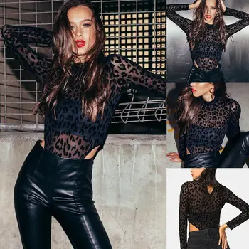 

2019 Sexy Womens Black Leotard Sheer Mesh Fit Bodysuit Jumpsuit Leopard Long Sleeve Tops Blouse Clubwear S-XL