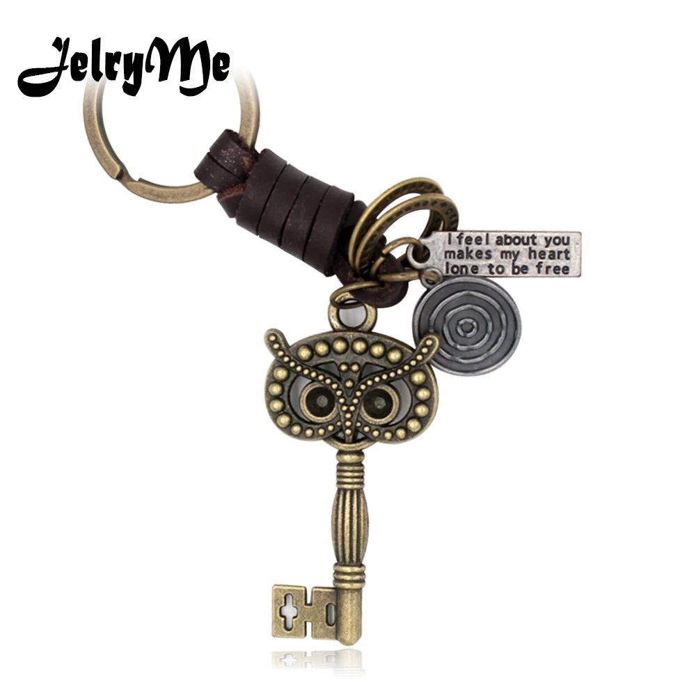 

6*3CM Vintage Owl Key Keychains For Couples Genuine Cow Leather Keyring Car Pendant Key Chains Women Men Key Holders Accessories