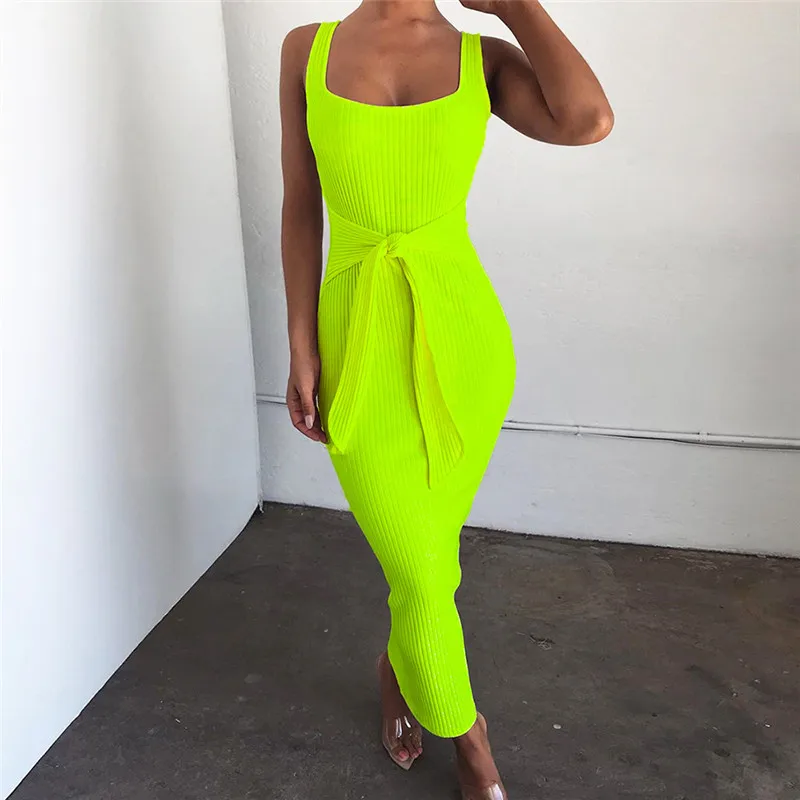 

2019 Summer Neon Dress Women Sleeveless Sheath Bodycon Square Collar Sashes Fluorescent Women Long Dress Robes Vestidos Female