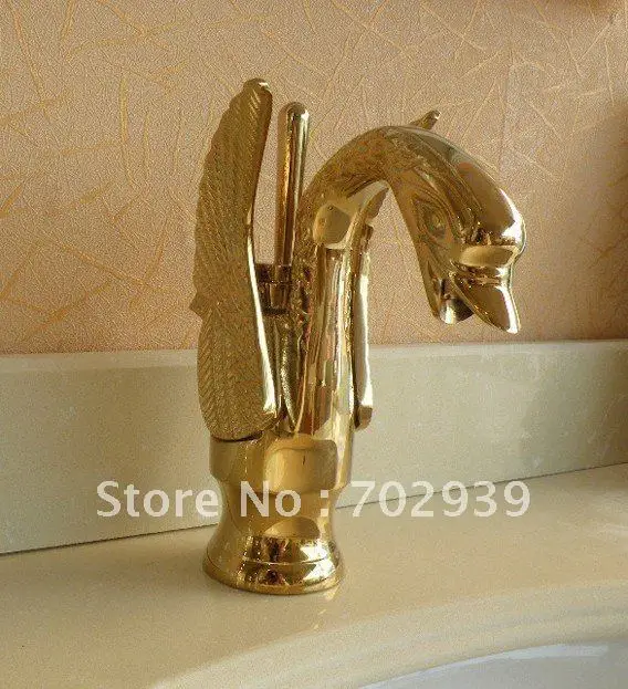 

EMS Free shipping Gold finish PVD bathroom basin sink swan mixer faucet single hole