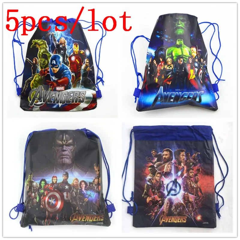 

High Quality 5pcs Avengers Drawstring Bags Kid Portable Backpack Handbag Girl Shopping Bag Children School Clothes Shoes Bags
