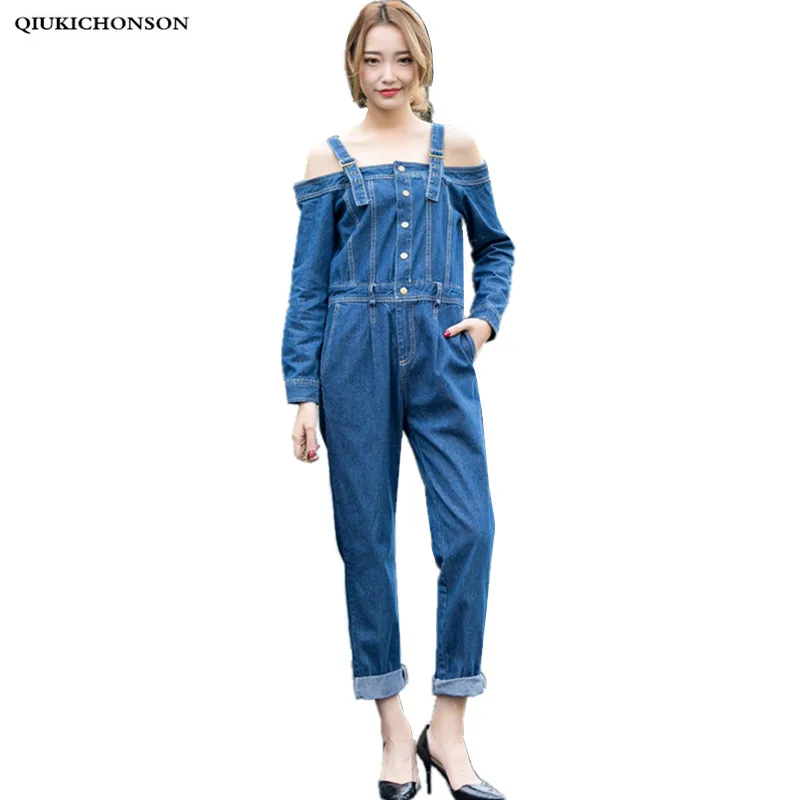 

Off Shoulder Jeans Jumpsuit Women Spring Autumn Korean Fashion Slim Long Sleeve Denim Overalls Casual Harem Jumpsuits salopette